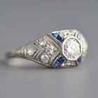 Art Deco Vintage Style 2Ct Diamond Blue Sapphire 14K White Gold FN Wedding Ring
