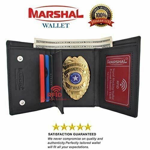 Genuine Leather RFID Blocking Police Badge Holder Trifold Wallet Black with Snap