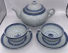 Vintage Blue Porcelain Chinese Rice Pattern 4 Cup Teapot + 2 Teacups and Saucers