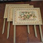 Vintage Set of 3 LAVADA MCM Floral Faux Needlepoint TV Tray Tables