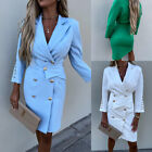 Women Double Breasted Dress Blazer V Neck Long Suit Jacket Coat OL Mini Dress