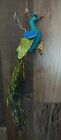 Vintage Peacock Sparkly Blue Long Tail Clip On Holiday Christmas Tree Ornament-O