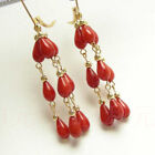AAA Genuine 100% natural red coral earrings 14K gold hoop Dangle Women Gemstone