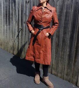 Vintage 70s Size M cognac brown Leather Trench Coat Belted midi