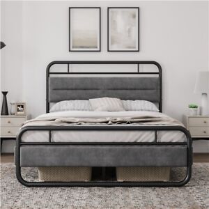Metal Platform Bed with Velvet Upholstered Headboard and 8.7'' Under-bed Space
