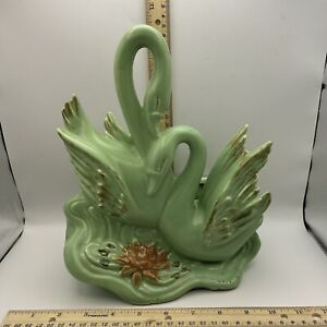 Vintage MCM Hull Twin Swan Planter #81 Green Case Antique Mid Century