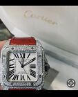 Cartier Santos 100 Watch Diamond with custom red leather band. Beautiful Watch