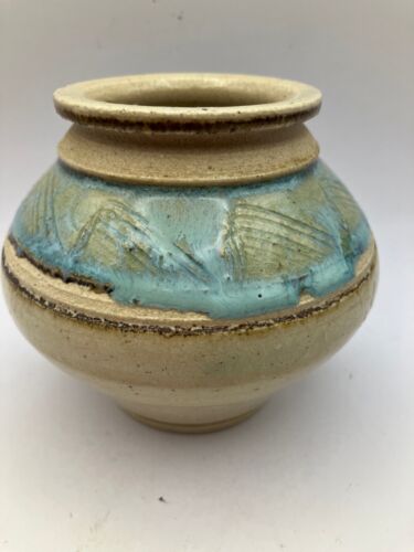 Small Studio Pottery Bud Vase Blue Tan Handmade Abstract Design 4
