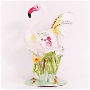Bejeweled Enameled Animal Trinket Box/Figurine With Rhinestones-White Flamingo
