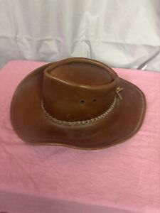 Vintage Geniune Leather Brown Cowboy Western Hat Small 6 3/4 - 6 7/8