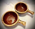 2 Hull Oven Proof USA Pottery Brown Drip Glazed Chili / Soup Bowls with Handles