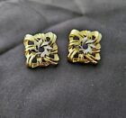 Vintage Square Knot Earrings, Gold Tone With Silver Tone Center, Pierced, 1