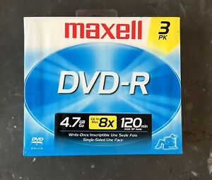 Maxell DVD-R Media 3 DISC PACK - 2 Hours SP Mode 4.7 GB UP TO 8x NEW SEALED