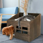 Rustic Wood Cat House Pet Dog Puppy Bed Platform Bed Hideout Stand Indoor Decor