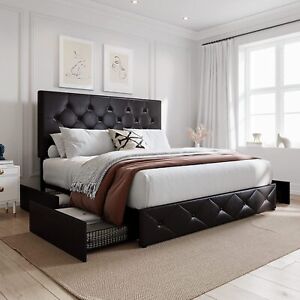 King Size Storage Bed Frame with 4 Drawers & Adjustable Headboard, Black Brown