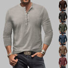 Mens Henley Casual Shirts Long Sleeve Slim Fit Button Solid Grandad T Shirt Tops