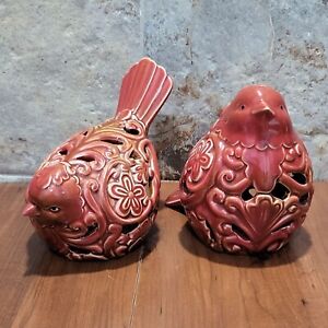 VTG Red Ceramic Bird Figurine Fragrance Potpourri Sachet Holder Home Decor Set o