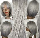 NEW! Wig Long Bob Silver/Gray Center Skin Part Bangs Size Avg Synthetic NEW 2-3