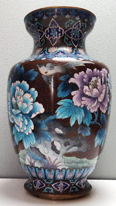 Chinese Cloisonne Vase Floral Birds 10'' Copper