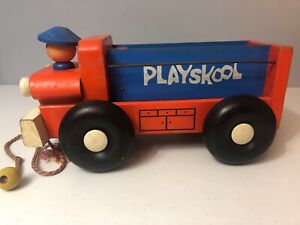 Vtg Playskool Wood Railroad Safety Truck And Driver Pull Toy Orange Blue