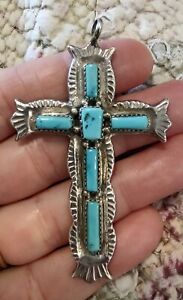 Old Pawn Zuni Turquoise & Sterling Silver Cross Pendant- Signed G&L LEEKITY-20 G
