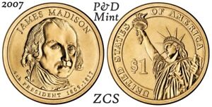 2007 P&D James Madison Presidential One Dollar Coins From U.S. Mint Money Coins