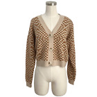 Women's Brown & Tan Checkerboard Cropped V-Neck Cardigan Sweater Buttoned Large