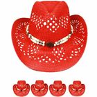 Adult RED Straw COWBOY HAT w/ Beads Shapeable WESTERN Cowgirl Beach Hiking