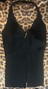 Bebe O Ribbed Zip Front Black Halter Top Backless Vest Stretch Medium Y2k