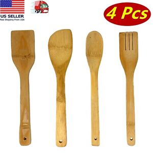 4 Pc Wooden Spoon Spatula Bamboo Set Kitchen Utensil Cooking Mix Non-Stick Tools