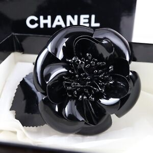 CHANEL Camellia Flower Corsage Pin Brooch Black Made in France w/Box