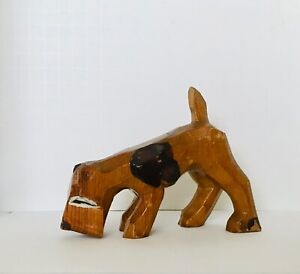 Vtg Hand Carved Wood Schnauzer Dog Sculpture Folk Art Figure Brown Black Small