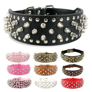 Wide Leather Spiked Studded Dog Collar Adjustable for Pit Bull Rottweiler S-XL