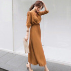 Korean Style Womnes Spring Fall Long Sleeve Button Chiffon Dress Pleated Dresses