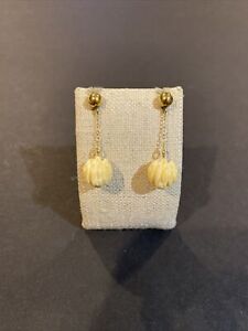 Vintage SOLID 14K YELLOW GOLD Carved Ball Dangle Earrings