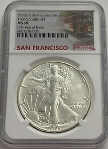 1986 (S) NGC MS68 $1 SILVER EAGLE FIRST YEAR ISSUE STRUCK AT SAN FRANCISCO TRL L
