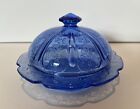 Vintage Jeanette Cherry Blossom Blue Depression Glass Covered Butter Dish 6”