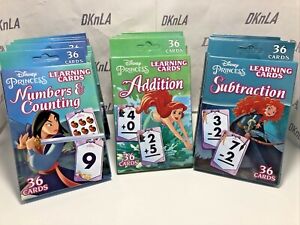 Lot of 3 Disney Princess Learning Flash Cards, Addition, Subtraction, Numbers &