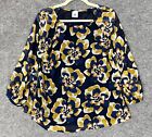 CABI Sheer Floral Blouse Womens Medium Navy Blue Yellow Long Sleeve Lined