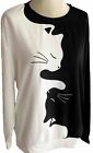 Cat Lover Womens Graphic Top YING YANG Cats Black White Sweat Shirt Large 10 NEW