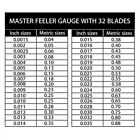 32 Blade Feeler Gauge Dual Reading Combination Feeler Gauge Metric & SAE Silve