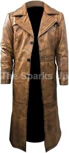 Mens Full Length Leather Trench Coat Real Cowhide Leather Duster Coat Men Wear