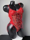 Red Sexy Lace Up Floral Embroidered Teddy Lingerie Bodysuit Top Mesh Stretch XL