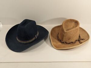 Cowboy Hats, Vintage Skullys Henschel suede leather large, YA blue cotton medium