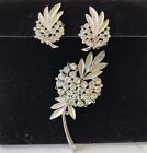 Vintage Trifari Silver Tone & Rhinestone Flower Brooch With Clip Earrings