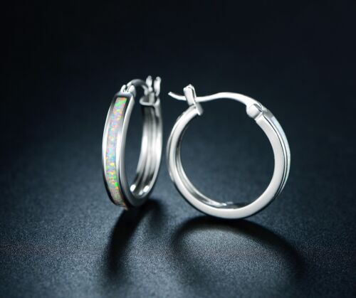 18K White Gold Plated Hoop Huggie Earrings W/ Inlayed Opal From Peermont Jewelry