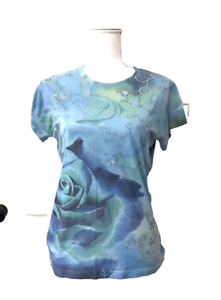 Yukiko T-Shirt Size M Blue Allover Graphic Abstract Floral Short Sleeve Tee