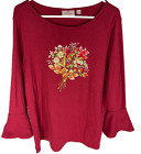 QUACKER FACTORY Shirt Top Size Large Red Fall Design Embellished Bell Sleeve