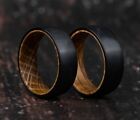 Whiskey Barrel Ring Tungsten Black Plain Wood Inside Wedding Band Ring for Men