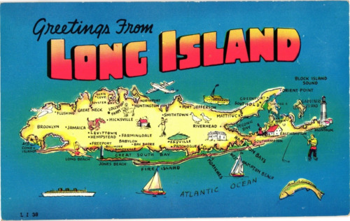 Greetings from Long Island Map Boats Fish NY Chrome Postcard Posted 1954
